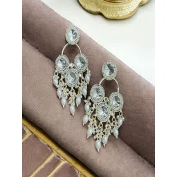 KATION ENTERPRISE Gold-Plated Stones Studded & Pearls Beaded Oval Chandelier Drop Earrings-picture-10