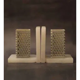 katkaria creations Jali Set Of 2 White Soapstone & Marble Bookends With Pen Stand-picture-20