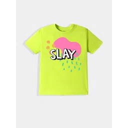 KAVEE Pure Cotton Half Sleeves Slay Text Printed Bio Washed Tee - Neon Green-picture-50