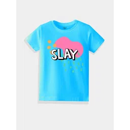KAVEE Pure Cotton Half Sleeves Slay Text Printed Bio Washed Tee - Sky Blue-picture-11