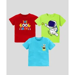 KAVEE Pure Cotton Pack Of 3 Half Sleeves The Cool Boy Text & Astronaut Printed Tees - Red Green & Blue-picture-34