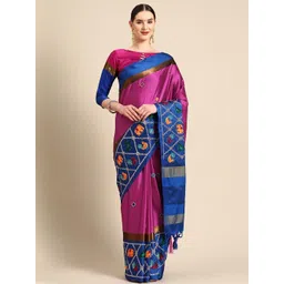 KAVINDI Ethnic Motifs Kutchi Embroidery Silk Cotton Saree-picture-10