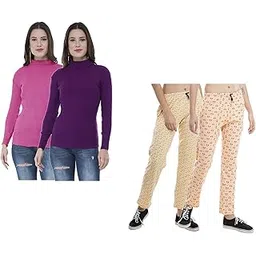 kayu Women's Combo Pack- Woolen Warm Full Sleeves High Neck/skivvy and Cotton Printed Track Pants/Lower (Pack of 4)-picture-29