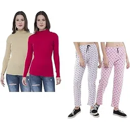 kayu Women's Combo Pack- Woolen Warm Full Sleeves High Neck/skivvy and Cotton Printed Track Pants/Lower (Pack of 4)-picture-28