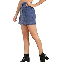 kazama design fashion Trendy Women’s Blue Solid Mini Denim Skirt –Fit Casual Short with Front Button & Pocket Cotton Blend Jean for Daily, Casual-picture-10
