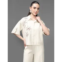 Kazo Beige Embroidered Short Sleeves Cornelia Shirt-picture-30