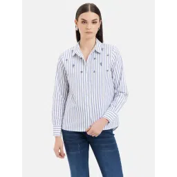 Kazo Blue & White Cotton Embellished Shirt-image-13
