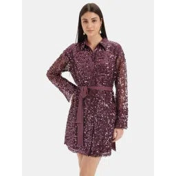 Kazo Maroon Embellished Shirt Dress-picture-31