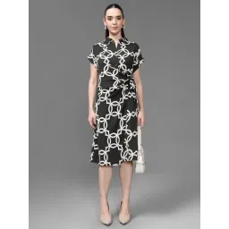 Kazo Olive Geometric Short Sleeves Lombard Midi Dress-picture-27