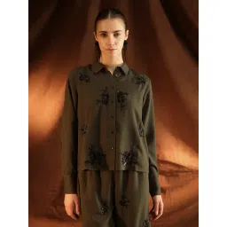 Kazo Olive Green Embellished Long Sleeves Shirt-picture-37
