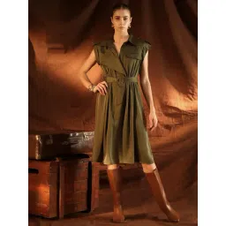 Kazo Olive Green Plain A-Line Dress-picture-35