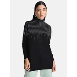 Kazo Women Black & White Striped Printed Longline Pullover-picture-11