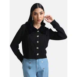 Kazo Women Black Cable Knit Cardigan with Embellished Detail-picture-20