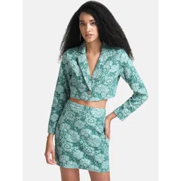 Kazo Women Green Tonal Jacquard Cropped Blazer Jacket-picture-40