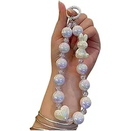 KC Keychain Phone Wrist Strap Pearl Beaded Mobile Phone Charm Hanging Bracelet Rabbit Lanyard for Phone, Purse, Camera, Bags, Case Cover For Girls Women White-picture-11