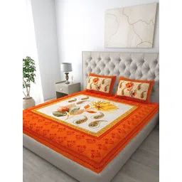 KD PRINTS Orange & White Floral 180 TC King Bedsheet with 2 Pillow Covers-picture-34