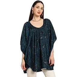 ke kanhaexports KE KANHA EXPORTS Oversized Tshirt for Woman Border Print Boho Beach Top Soft Silky Premium Feel Fabric Round Neck Loose Fit Long T Shirt Free Size M-XXL (10794)-picture-49