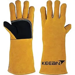 KEEAN Mig/Arc/Tig Welding 14 Inch Gloves With Extra Padded Palm Leather High Temperature Hot Thermal Work Safety Heavy Duty, Pack of 1 Pair, Yellow-picture-36