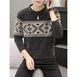 keenuu Men Striped Round Neck Grey Sweater-picture-12
