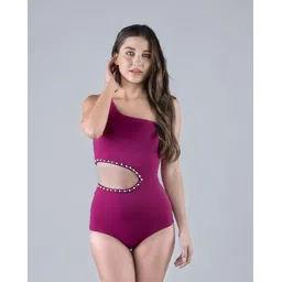 keepfit plus size one piece one shoulder cutout padded swimsuit for women Solid Women Pink Swimsuit-picture-10