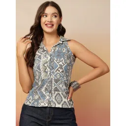 KEIYONA Ethnic Motifs Printed Shirt Collar Sleeveless Cotton Shirt Style Top-picture-22