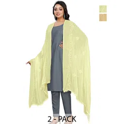 Kemza Selection Of 2 Embroidered Dupattas With Thread Work & Pom Pom Lace-picture-24