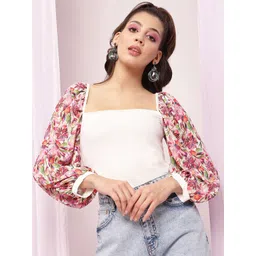 KENDALL & KYLIE Women Coral and White Printed Balloon Sleeve Cotton Bodysuit-picture-29