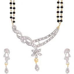 kennice Gold-Plated White Artificial Stones and Black Beads studded Mangalsutra with Earrings For Women-picture-25