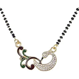 kennice Mangalsutra Peacock Design Gold-Plated American Diamond Pendant Tanmaniya Nallapusalu With Black Beads Chain For Women-picture-17