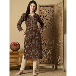 KEOSA Floral Printed Sequinned Cotton Straight Kurta-picture-19