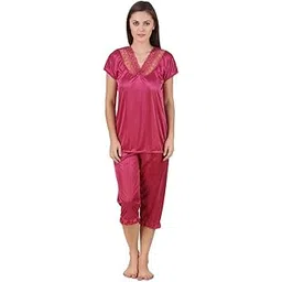 keoti Wine Satin Top with Capri Night Suit-picture-30