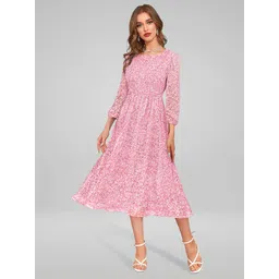 KERI PERRY Pink Floral Printed puff Sleeves Georgette Fit & Flare Midi Dress-picture-15