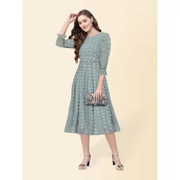 KERI PERRY Self Design Puff Sleeves Gathered Detail Georgette Fit & Flare Midi Dress-picture-27