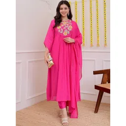 Kesudi Women Floral Panelled Thread Work Chanderi Silk Kurta with Trousers & With Dupatta-picture-40