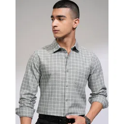 KETCH Men Slim Fit Cutaway Collar Grid Tattersall Checked Cotton Formal Shirt-picture-17