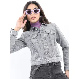 KETCH Washed Spread Collar Cotton Crop Denim Jacket-picture-17