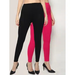 KEX Women Pack Of 2 Black & Pink Solid Ankle-Length Leggings-picture-39