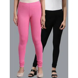 KEX Women Pack Of 2 Black & Pink Solid Churidar Length Cotton Leggings-picture-33