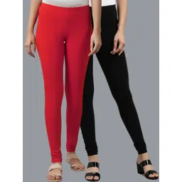 KEX Women Pack Of 2 Black And Red Solid Churidar-Length Cotton Leggings-picture-14
