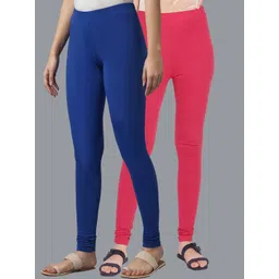 KEX Women Pack Of 2 Blue And Pink Solid Cotton Churidar-Length Leggings-picture-31