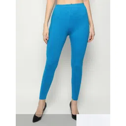 KEX Women Pack of 2 Blue & White Solid Cotton Ankle Length Leggings-picture-40
