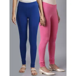 KEX Women Pack Of 2 navy blue and pinkSolid Churidar-Length Cotton Leggings-picture-30