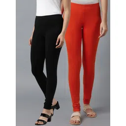 KEX Women Pack Of 2 Orange & Black Solid Churidar Length Cotton Leggings-picture-37