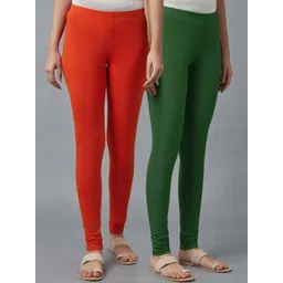 KEX Women Pack Of 2 Orange & Green Solid Churidar-Length Leggings-picture-15