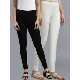 KEX Women Pack Of 2 White And Black Solid Churidar Length Leggings-picture-13