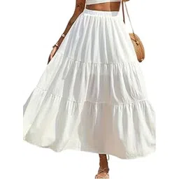 key occean Women's Tiered Maxi Skirt, White Cotton, High-Waisted, Boho Style, Ankle Length-picture-43