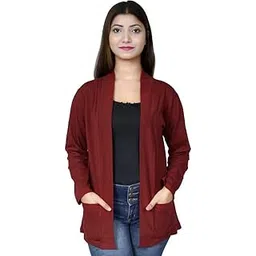 kg best collection Women Cotton Shawl Collar Pocket Shrug (Small, Maroon)-picture-21