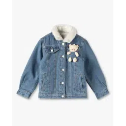 kg frendz Girls Regular Fit Fur-Lined Denim Jacket with Teddy Applique-picture-34