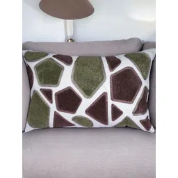 Khaabka Anvaaya Green & White Printed Embroidered Linen Rectangle Cushion Cover-picture-7