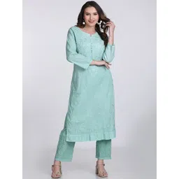 KHAKA Floral Embroidered Regular Chikankari Pure Cotton Straight Kurta with Trousers-picture-19